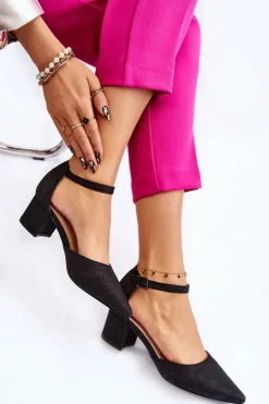 Boto Czółenka Na Słupku|Czółenka Klasyczne*Modne Błyszczące Czółenka Na Niskim Obcasie Czarne Leilany