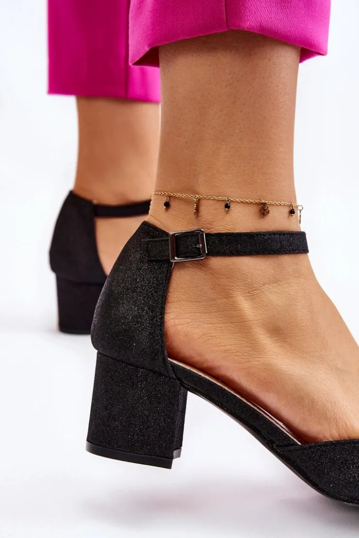 Boto Czółenka Na Słupku|Czółenka Klasyczne*Modne Błyszczące Czółenka Na Niskim Obcasie Czarne Leilany