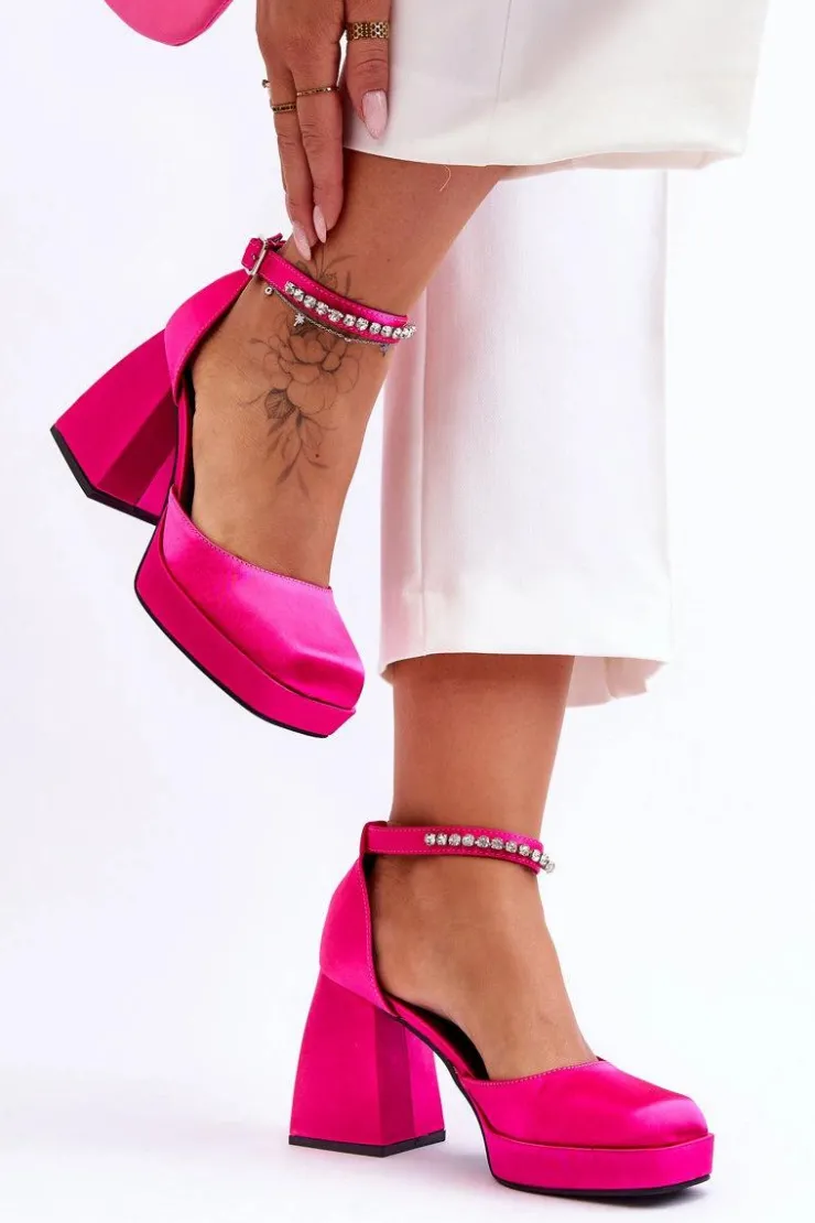 Hot Boto Modne Czółenka Na Masywnym Obcasie Z Cyrkoniami Fuksja Adel