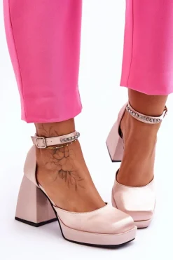 Damskie Boto Modne Czółenka Na Masywnym Obcasie Z Cyrkoniami Beżowe Adel