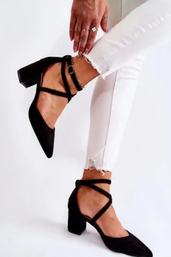 Boto Czółenka Zamszowe|Czółenka Na Słupku*Modne Czółenka Na Niskim Słupku Czarne Crissa