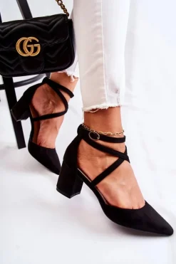 Boto Czółenka Zamszowe|Czółenka Na Słupku*Modne Czółenka Na Niskim Słupku Czarne Crissa