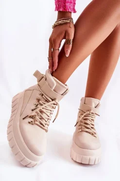 Boto Botki Zimowe Damskie|Brązowe I Beżowe Botki*Modne Damskie Botki Na Platformie Z Paskiem Jasnobeżowe La Blanca