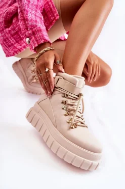 Boto Botki Zimowe Damskie|Brązowe I Beżowe Botki*Modne Damskie Botki Na Platformie Z Paskiem Jasnobeżowe La Blanca