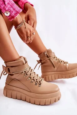 Sale Boto Modne Damskie Botki Na Platformie Z Paskiem Beżowe La Blanca