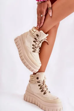 Damskie Boto Modne Damskie Botki Na Platformie Beżowe Magnific