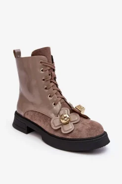 Damskie buty S.Barski Botki Ocieplane|Botki Sznurowane*Modne Damskie Botki Na Suwak Z Ozdobami D&A MR870-76 Szaro-Brązowe Szary