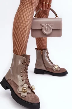 Damskie buty S.Barski Botki Ocieplane|Botki Sznurowane*Modne Damskie Botki Na Suwak Z Ozdobami D&A MR870-76 Szaro-Brązowe Szary