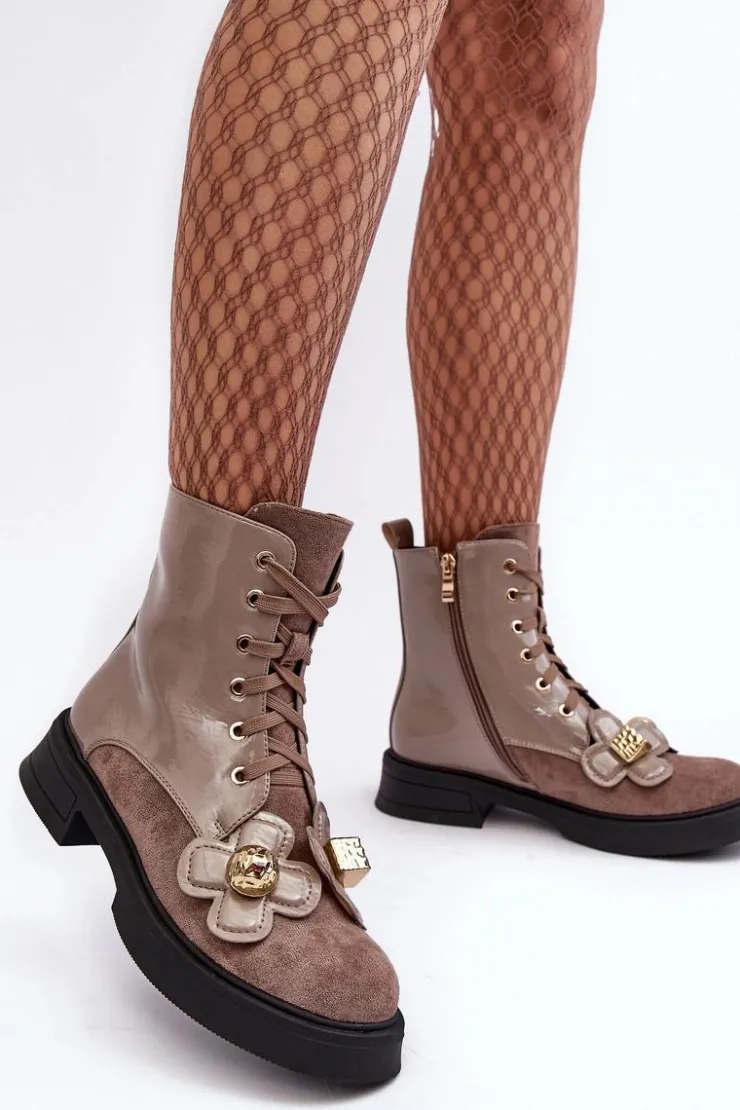 Damskie buty S.Barski Botki Ocieplane|Botki Sznurowane*Modne Damskie Botki Na Suwak Z Ozdobami D&A MR870-76 Szaro-Brązowe Szary