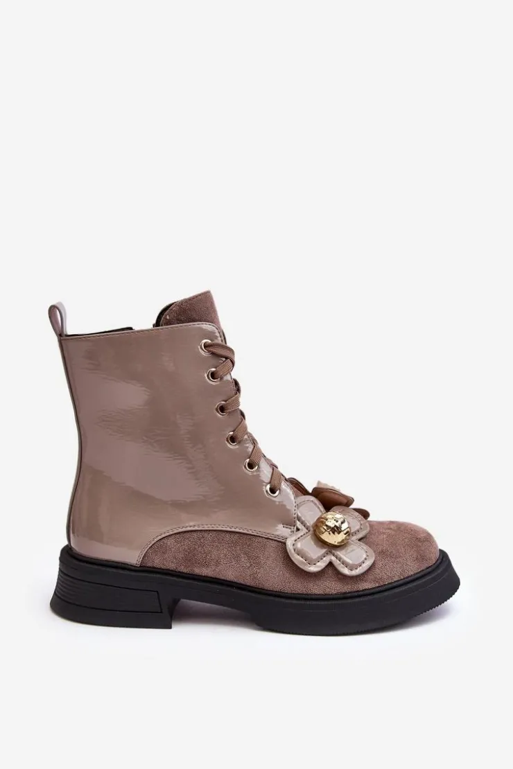 Damskie buty S.Barski Botki Ocieplane|Botki Sznurowane*Modne Damskie Botki Na Suwak Z Ozdobami D&A MR870-76 Szaro-Brązowe Szary