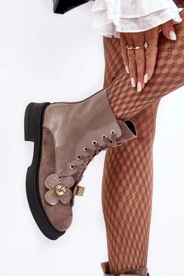 Damskie buty S.Barski Botki Ocieplane|Botki Sznurowane*Modne Damskie Botki Na Suwak Z Ozdobami D&A MR870-76 Szaro-Brązowe Szary