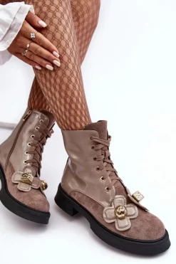 Damskie buty S.Barski Botki Ocieplane|Botki Sznurowane*Modne Damskie Botki Na Suwak Z Ozdobami D&A MR870-76 Szaro-Brązowe Szary