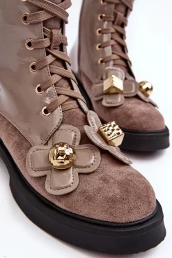 Damskie buty S.Barski Botki Ocieplane|Botki Sznurowane*Modne Damskie Botki Na Suwak Z Ozdobami D&A MR870-76 Szaro-Brązowe Szary