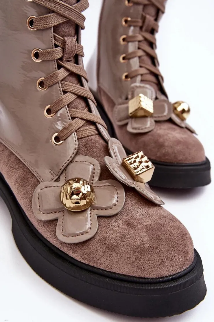 Damskie buty S.Barski Botki Ocieplane|Botki Sznurowane*Modne Damskie Botki Na Suwak Z Ozdobami D&A MR870-76 Szaro-Brązowe Szary