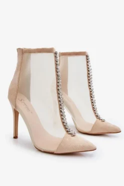 Boto Czarne Botki|Botki Na Obcasie*Modne Damskie Botki Na Szpilce Z Siateczką Beżowe Rummi