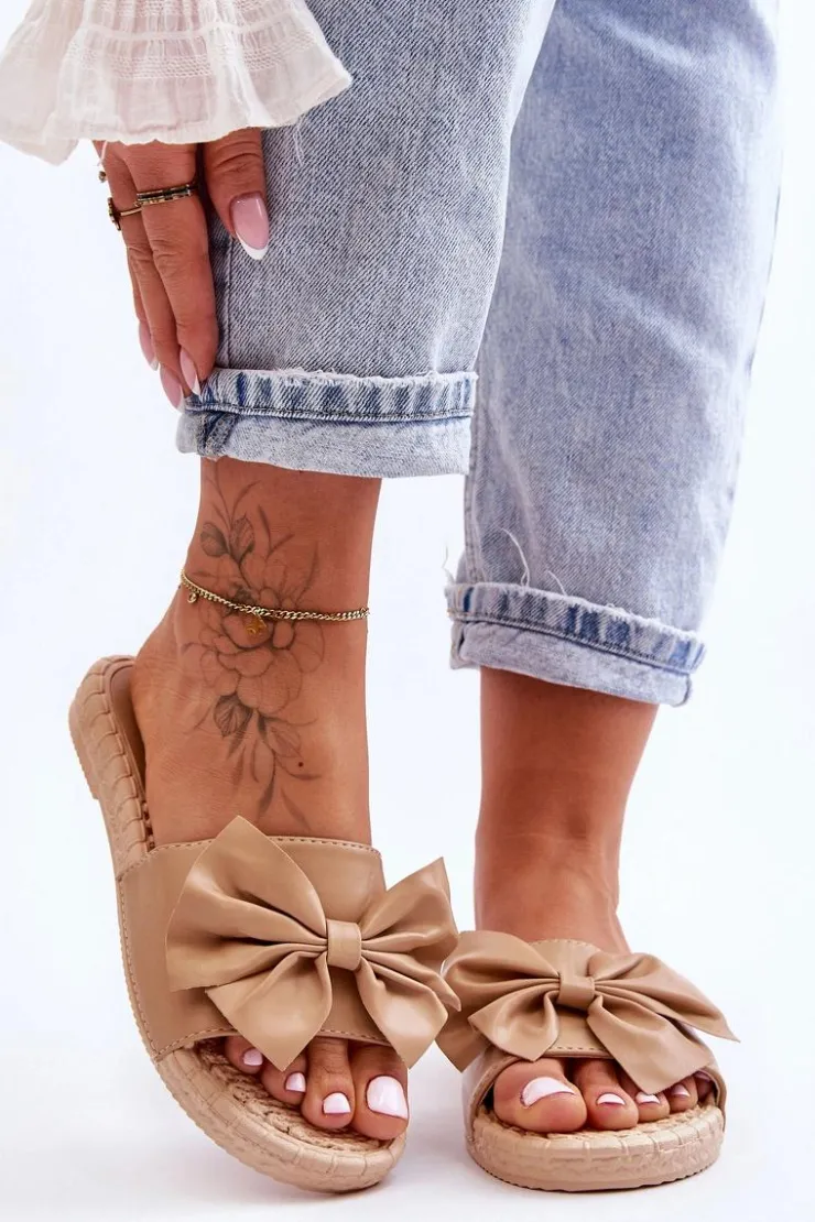 Boto Modne Damskie Klapki Z Kokardą Beżowe Estera