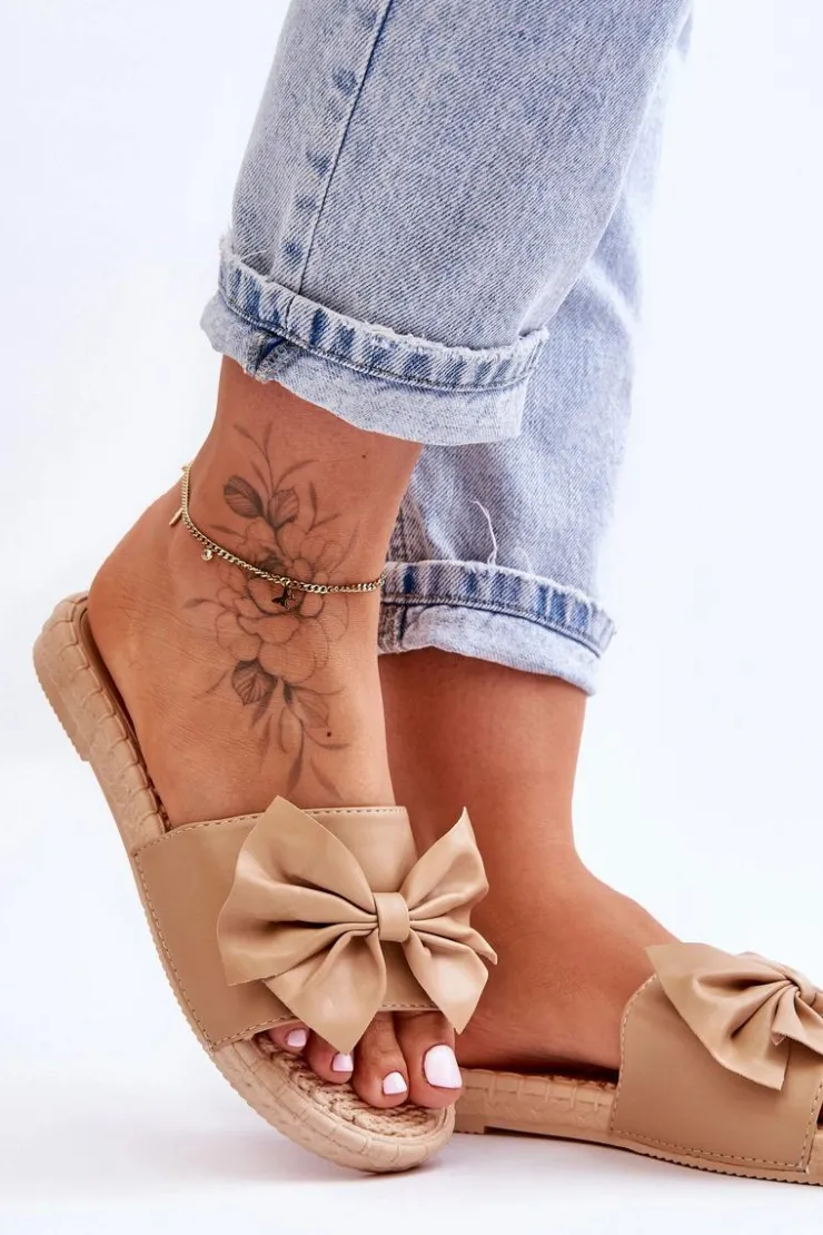 Boto Modne Damskie Klapki Z Kokardą Beżowe Estera