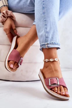 INBLU Modne Damskie Klapki Ze Sprzączką CP000031 Różowe