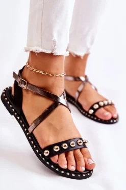 Boto Sandały Płaskie*Modne Damskie Sandały Z Dżetami Czarne Camalisa
