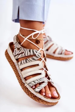 New Maciejka Modne Damskie Skórzane Sandały 05552-04 Beżowo-Czarne