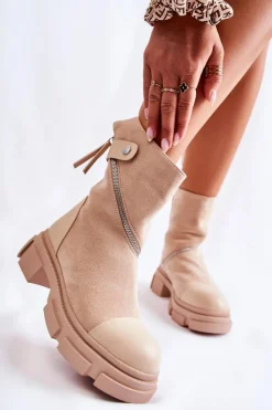 Damskie Boto Modne Damskie Zamszowe Botki Na Suwak Beżowe Kandell