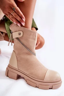 Damskie Boto Modne Damskie Zamszowe Botki Na Suwak Beżowe Kandell