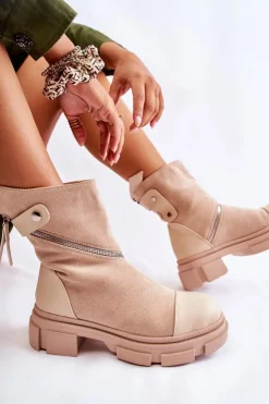 Damskie Boto Modne Damskie Zamszowe Botki Na Suwak Beżowe Kandell