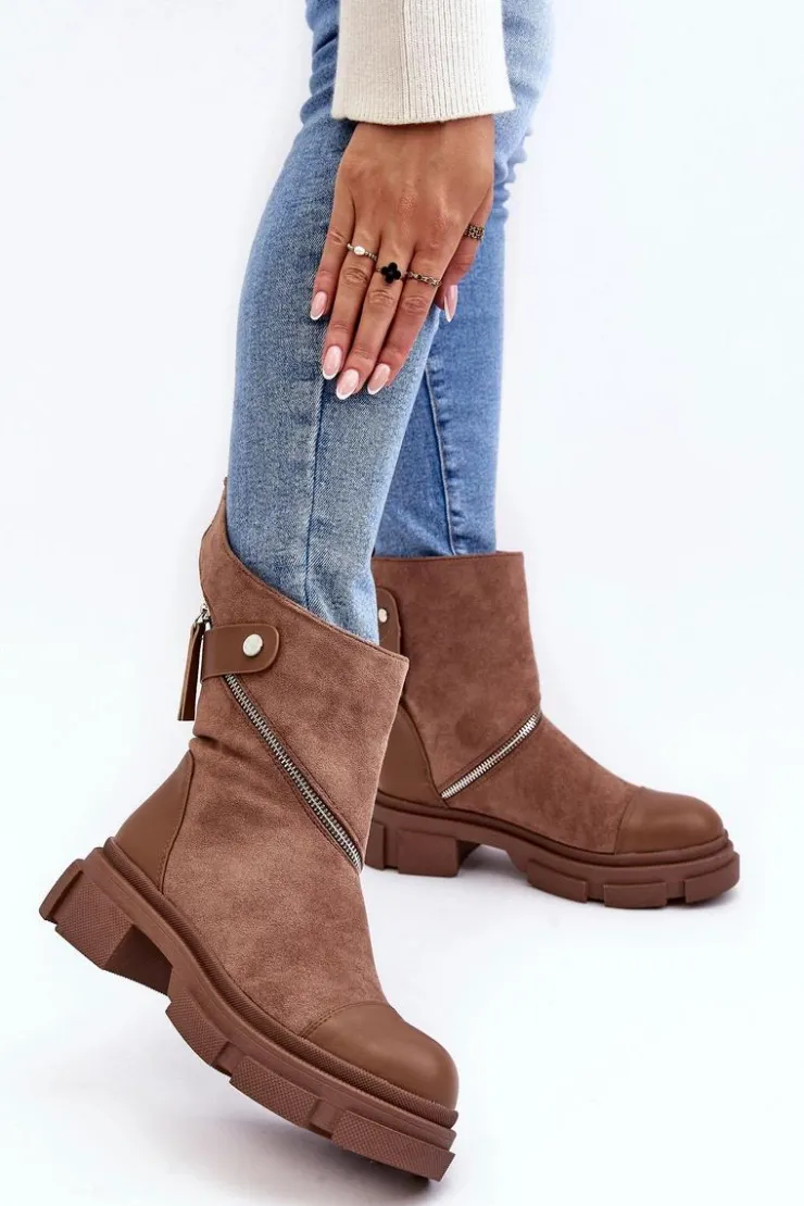 Online Boto Modne Damskie Zamszowe Botki Na Suwak Ciemnobeżowe Kandell Beżowy