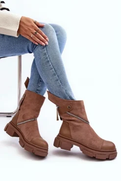 Online Boto Modne Damskie Zamszowe Botki Na Suwak Ciemnobeżowe Kandell Beżowy