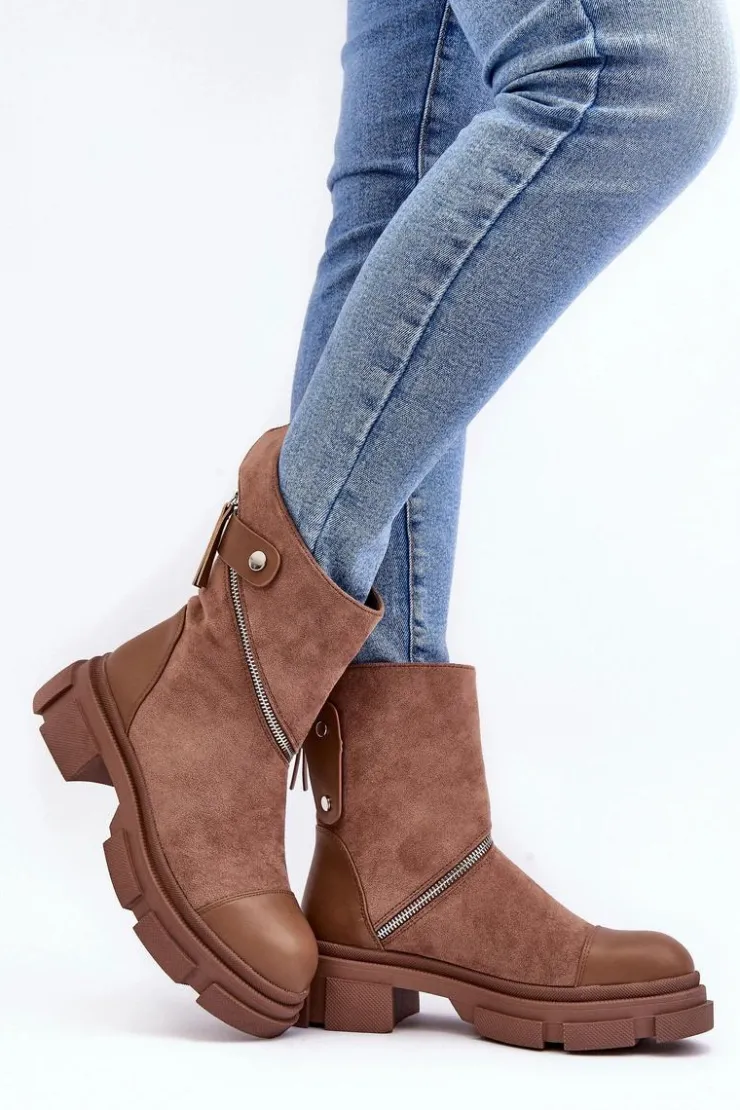 Online Boto Modne Damskie Zamszowe Botki Na Suwak Ciemnobeżowe Kandell Beżowy