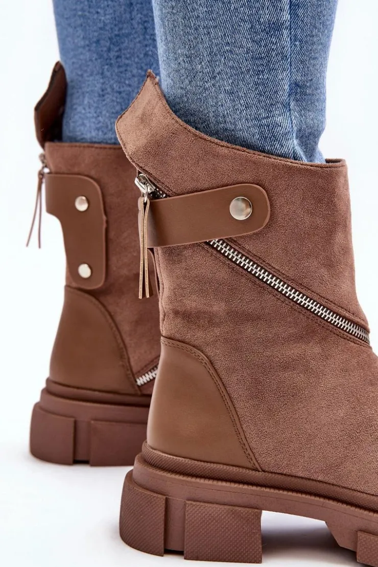 Online Boto Modne Damskie Zamszowe Botki Na Suwak Ciemnobeżowe Kandell Beżowy