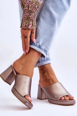 Damskie Buty Sergio Leone Modne Klapki Na Obcasie Sergio Leone KL322 Ciemnosrebrne