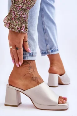 Buty Sergio Leone Klapki Na Obcasie*Modne Klapki Na Obcasie Sergio Leone KL322 Perłowe