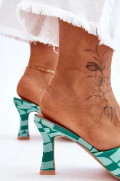 Boto Modne Klapki Na Obcasie W Print Zielone Floria
