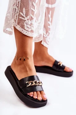 Damskie Damskie buty S.Barski Modne Klapki Z Łańcuchem Czarne Megosa