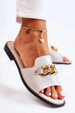 Damskie buty S.Barski Klapki Damskie Klasyczne*Modne Klapki Z Łańcuchem Na Płaskim Obcasie Złote Finess