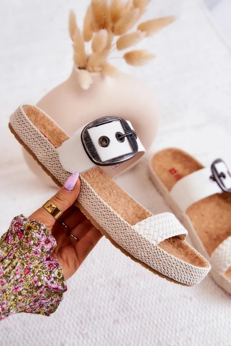 Damskie Big Star Shoes Modne Klapki Ze Sprzączką Big Star JJ274729 Białe