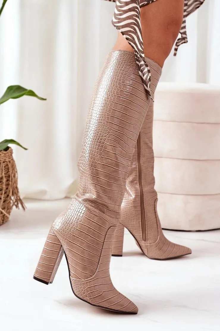 Boto Kozaki Wiosenne|Kozaki Za Kolano*Modne Kozaki Na Słupku Ciemnobeżowe Constancy