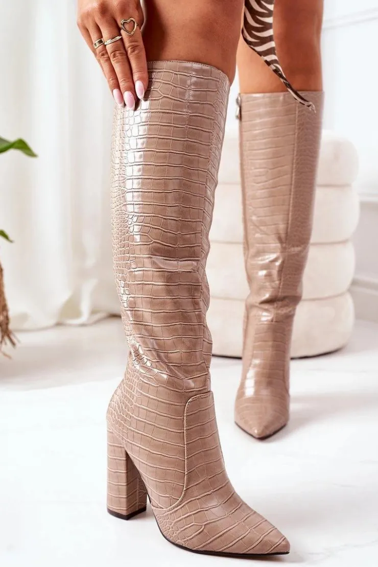 Boto Kozaki Wiosenne|Kozaki Za Kolano*Modne Kozaki Na Słupku Ciemnobeżowe Constancy