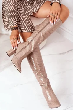 Boto Kozaki Wiosenne|Kozaki Za Kolano*Modne Kozaki Na Słupku Ciemnobeżowe Constancy