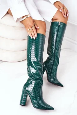 Boto Kozaki Wiosenne|Kozaki Przed Kolano*Modne Kozaki Na Słupku Zielone Constancy