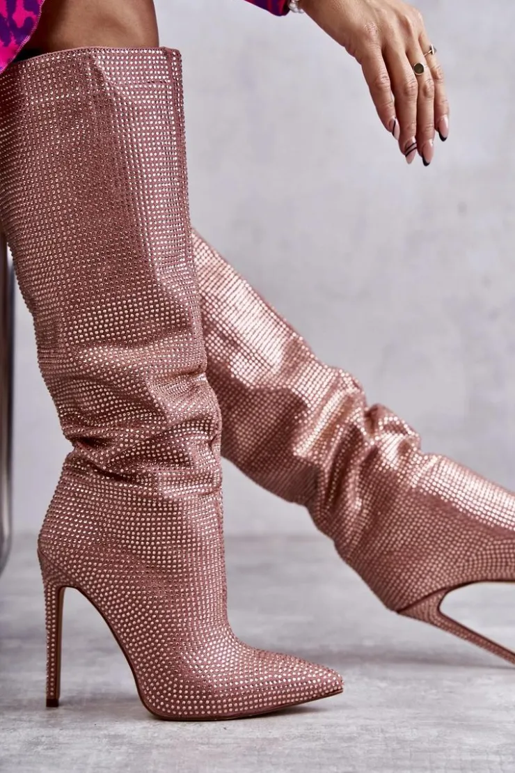 New Boto Modne Kozaki Na Szpilce Z Cyrkoniami Różowe Lovisa Różowy