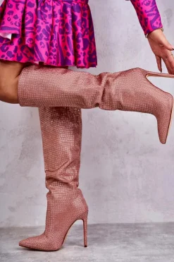 New Boto Modne Kozaki Na Szpilce Z Cyrkoniami Różowe Lovisa Różowy