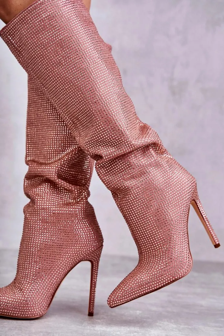 New Boto Modne Kozaki Na Szpilce Z Cyrkoniami Różowe Lovisa Różowy