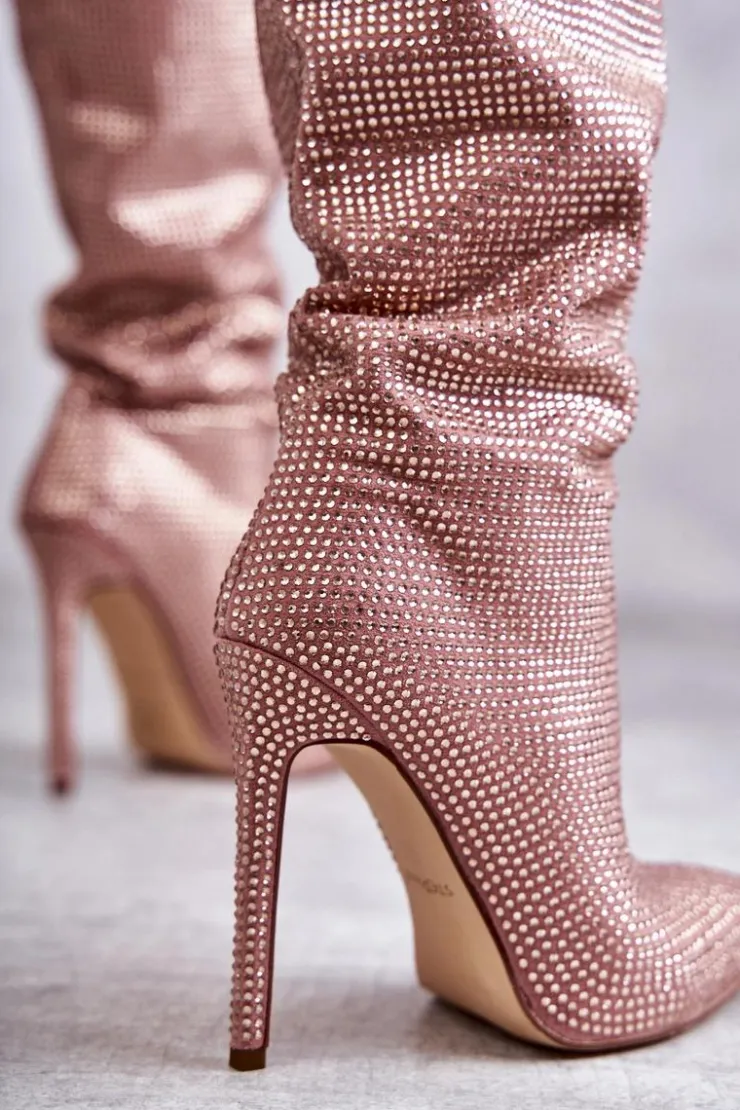 New Boto Modne Kozaki Na Szpilce Z Cyrkoniami Różowe Lovisa Różowy