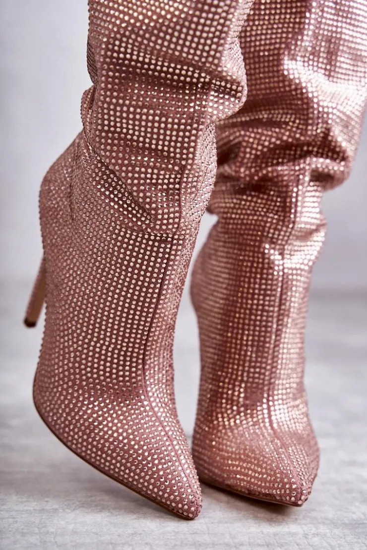 New Boto Modne Kozaki Na Szpilce Z Cyrkoniami Różowe Lovisa Różowy