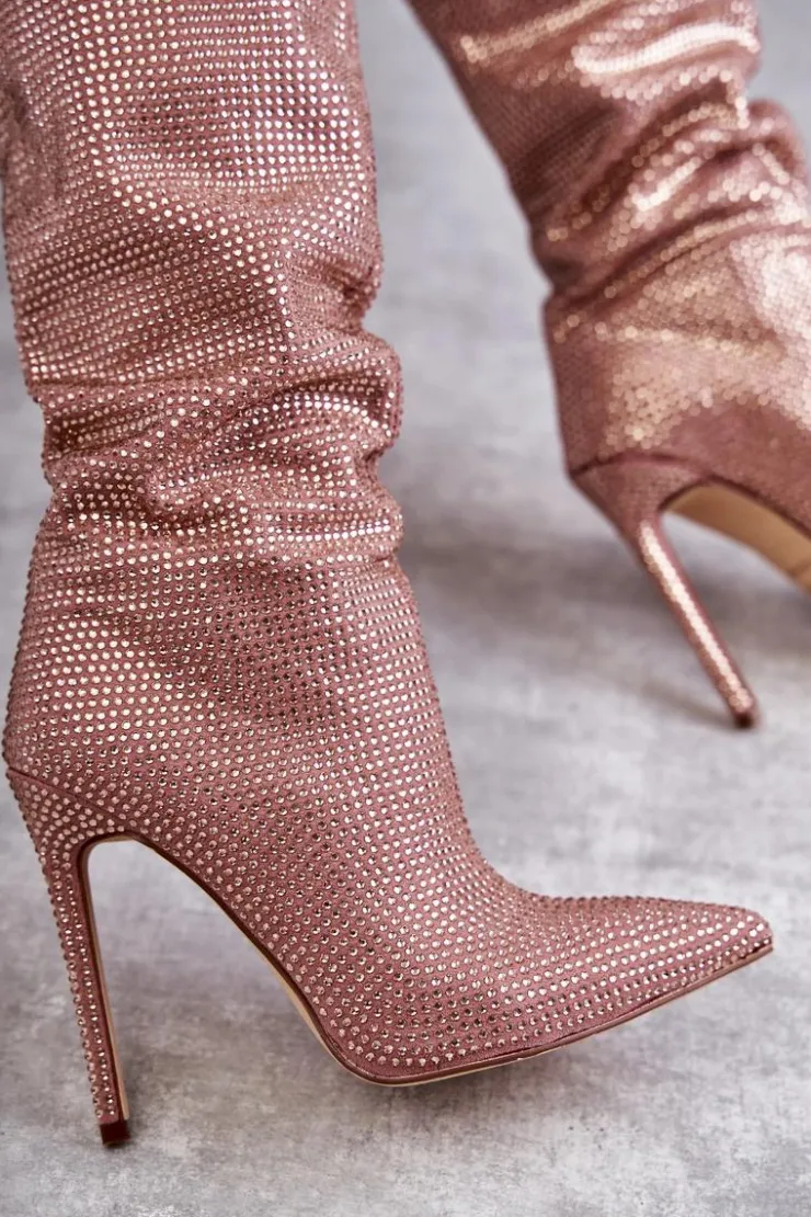 New Boto Modne Kozaki Na Szpilce Z Cyrkoniami Różowe Lovisa Różowy