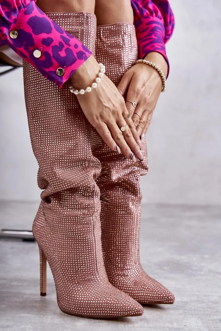 New Boto Modne Kozaki Na Szpilce Z Cyrkoniami Różowe Lovisa Różowy