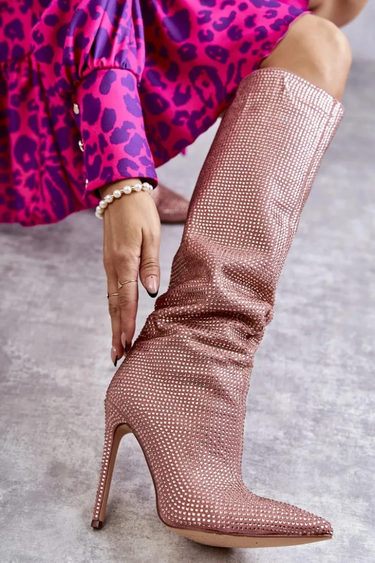 New Boto Modne Kozaki Na Szpilce Z Cyrkoniami Różowe Lovisa Różowy