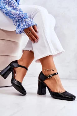 New Boto Modne Lakierowane Czółenka Na Słupku Czarne Maoris